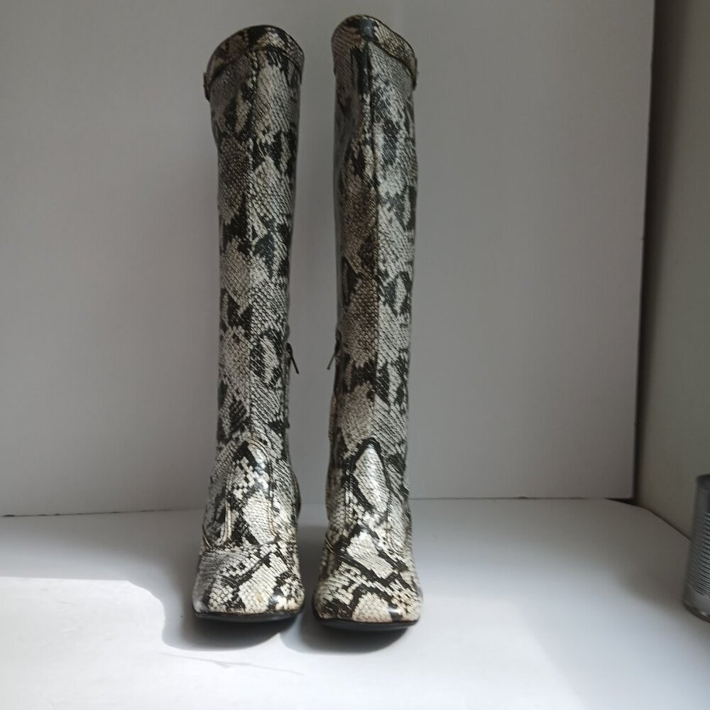 Vintage60's/70's  SnakePrint KneeHigh BlockHeel SquareToe Mod GoGoBoots Sz8 - Picture 2 of 14